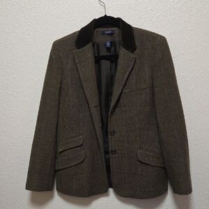 Chaps Brown Wool Blazer with Black 100% Cotton Lining and velvet trim. Size 10